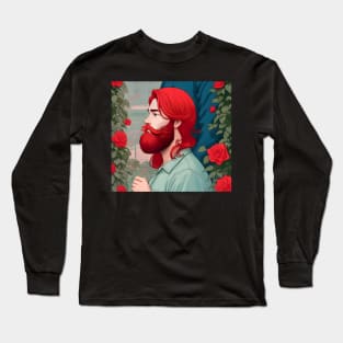 red hair beard guy in flower garden sticker Long Sleeve T-Shirt